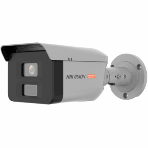 Überwachungskamera von Hikvision mit wetterfestem Gehäuse und der Aufschrift 'Corrosion Resistant' am Halterungsarm.