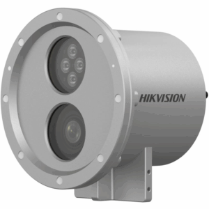 Runde Sicherheitskamera von Hikvision mit zwei großen Linsen in einem robusten silbernen Gehäuse.