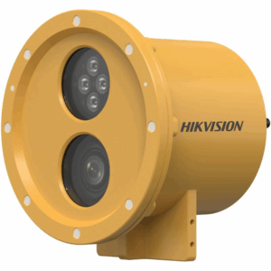 Kompakte, gelbe Überwachungskamera von Hikvision mit zwei runden Linsen und mehreren LED-Lichtern in einem robusten Gehäuse.