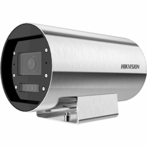 Silberne zylindrische Überwachungskamera mit HIKVISION-Logo auf der Seite, montiert auf einem kleinen Standfuß.