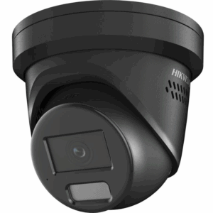 Schwarze Überwachungskamera von Hikvision mit einem kompakten, abgerundeten Design, geeignet für die Deckenmontage.