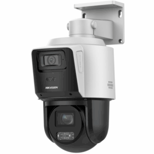 Eine weiße Sicherheitskamera von HIKVISION mit einem schwarzen, beweglichen Kameramodul, das an einer Wandhalterung montiert ist.