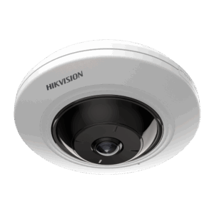 Weißes zylindrisches Überwachungsgerät von Hikvision mit schwarzem Kameraobjektiv in der Mitte.