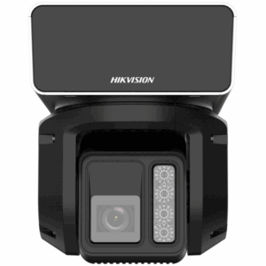Eine schwarze Überwachungskamera von Hikvision mit einem rechteckigen Gehäuse und einem sichtbaren Objektiv sowie Infrarot-LEDs für Nachtsicht.
