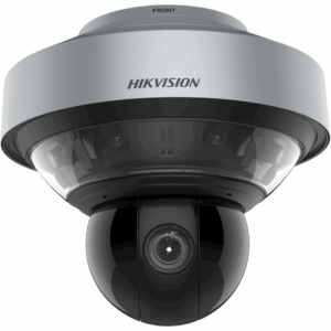 Eine graue und schwarze Sicherheitskamera der Marke Hikvision mit mehreren Objektiven und einer kugelförmigen Linse.