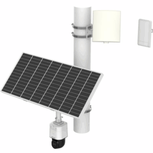 Solarmodul-Montagesystem mit Kamera an einem Mast, daneben eine Wandhalterung.