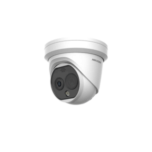 Eine weiße Hikvision Überwachungskamera in einer kuppelförmigen Bauweise mit zwei Linsen und einem Mikrofon.