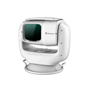 Ein weißes HIKMICRO-Wärmebildkamera-Gerät mit einem schlanken, futuristischen Design und einer Linse in der Mitte, montiert auf einer Basis für Dreh- und Neigefunktionen.