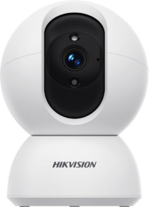 Weiße Überwachungskamera der Marke Hikvision mit kugelförmigem Design und zentralem Objektiv.