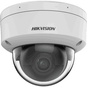 Nahaufnahme einer weißen Überwachungskamera der Marke Hikvision mit einer kuppelförmigen Linse.