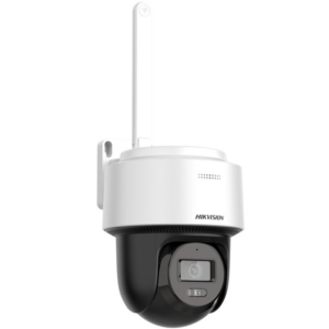 Eine weiße Überwachungskamera von Hikvision mit schwarzem Objektivbereich und einer Antenne an der Oberseite, zur Wandmontage geeignet.