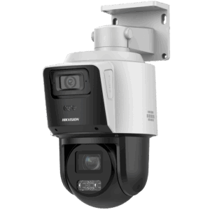 Außenüberwachungskamera von Hikvision mit schwenkbarem Design, zwei Linsen und weiß-schwarzem Gehäuse, zur Wandmontage geeignet.