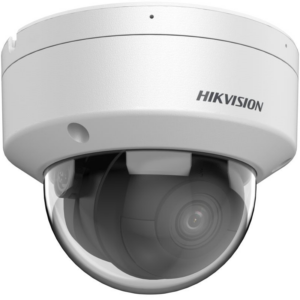 Weiß-graue Überwachungskamera der Marke Hikvision in Dome-Form mit abgerundetem, transparentem Gehäuse.
