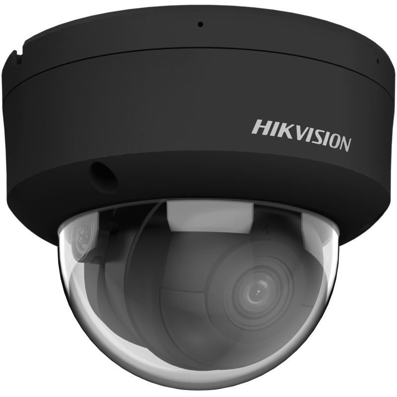 Schwarze Überwachungskamera der Marke Hikvision mit einer kuppelförmigen Linse.