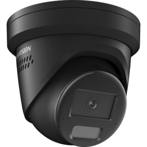 Eine schwarze Überwachungskamera mit Kuppelform, die an der Decke montiert ist.