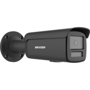 Schwarze Überwachungskamera von Hikvision in seitlicher Ansicht, mit festem Wandhalterungsarm.