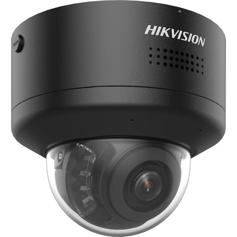 Schwarze Überwachungskamera von Hikvision mit Kuppeldesign, durchsichtiger Abdeckung und erkennbarer Kameraoptik.