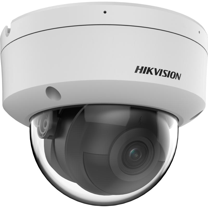 Kuppelförmige Überwachungskamera von Hikvision mit weißem Gehäuse und transparentem, gewölbtem Schutzglas.