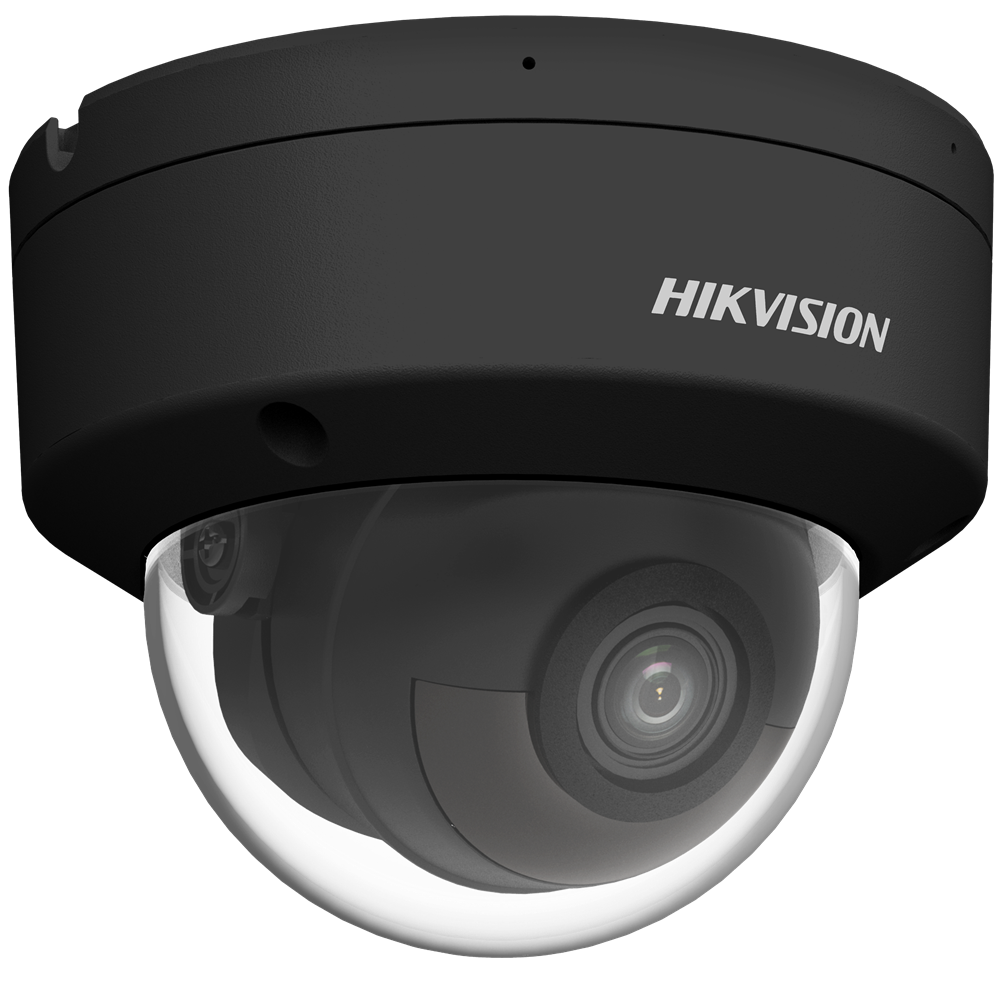 Schwarze Dome-Überwachungskamera der Marke Hikvision mit klarem Gehäuse und sichtbarem Objektiv.