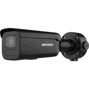Eine schwarze Sicherheitskamera mit der Aufschrift "Hikvision" an der Seite, montiert auf einer kreisförmigen Halterung.