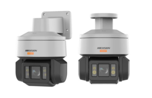 Zwei Hikvision-Kameras mit modernem Design, eine zur Wandmontage und die andere zur Deckenmontage, beide mit zwei Linsen und Beleuchtungseinrichtungen.