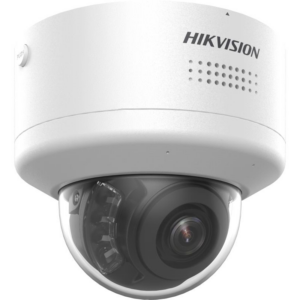 Eine weiße Überwachungskamera von Hikvision mit Kuppeldesign und sichtbarem Objektiv.