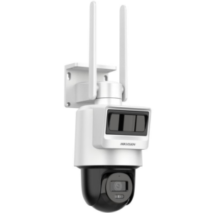 Überwachungskamera von Hikvision mit zwei Antennen und einem drehbaren Korpus, montiert auf einer Wandhalterung.