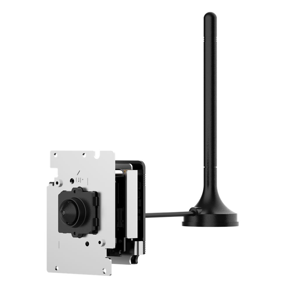 Ein elektronisches Gerät mit einer Kamera auf der Vorderseite, verbunden mit einer großen schwarzen Antenne.