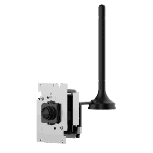 Ein technisches Gerät mit einer Kamera auf einer weißen Platte und einer langen schwarzen Antenne an der Seite.