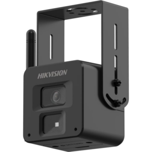 Eine schwarzfarbene Überwachungskamera von Hikvision mit Antenne und Wandbefestigungshalterung, geeignet für die Montage an der Decke oder Wand.
