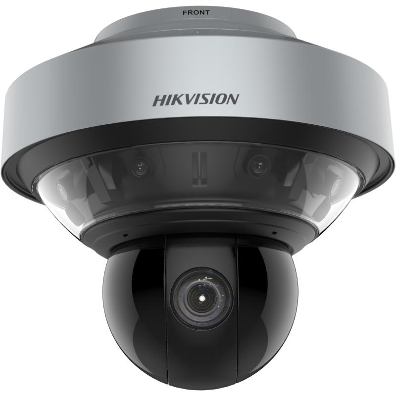 Eine Hikvision Sicherheitskamera mit einer halbkugelförmigen, transparenten Kuppel und mehreren Linsen, darunter eine große Schwenk- und Neigelinse.