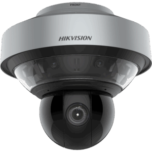 Hikvision Überwachungskamera mit mehreren Linsen in einem runden, silbernen und schwarzen Gehäuse.