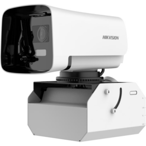 Weißer Hikvision-Schwenk-Neigekopf mit abgerundeten Kanten, schwarzem Linsenbereich und montierendem Mechanismus.