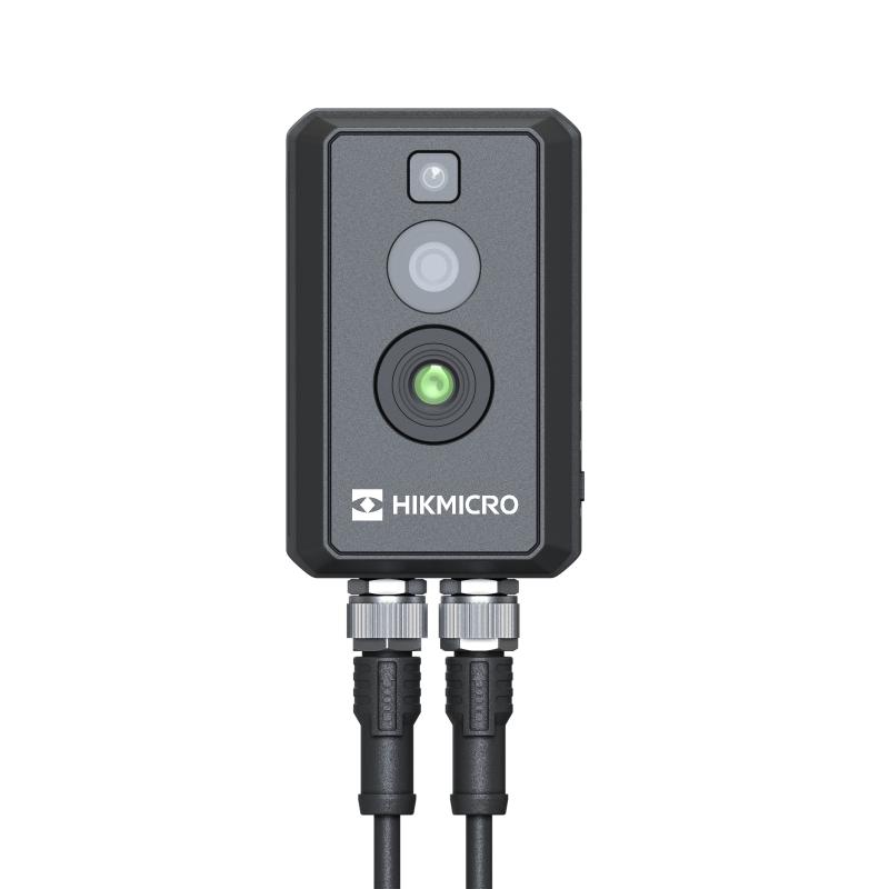 Thermalkamera von Hikmicro mit rechteckigem Design, erkennbar am Markenlogo und zwei Kabelanschlüssen an der Unterseite.