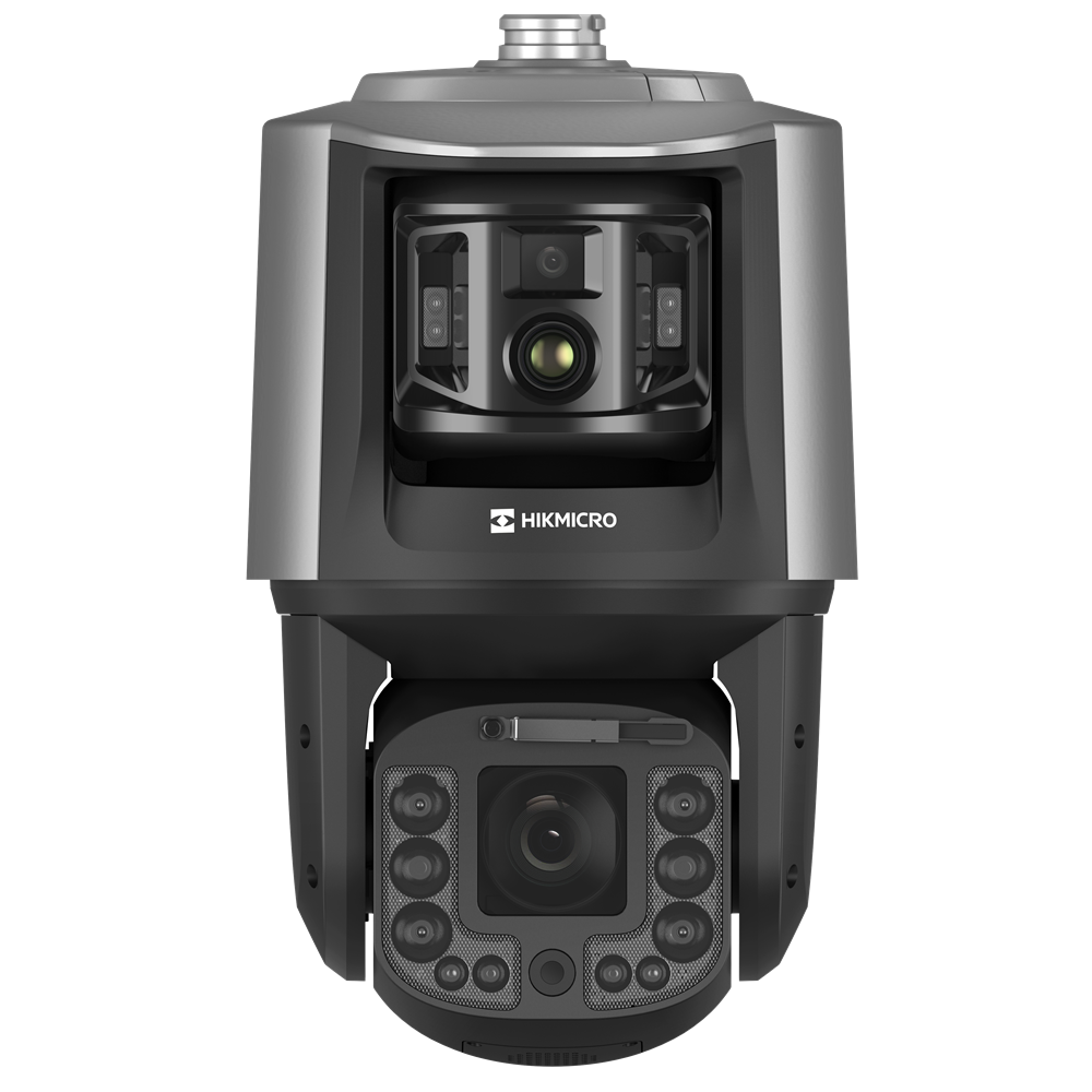 Eine graue Hikmicro-Überwachungskamera mit einem robusten, modernen Design und mehreren integrierten Sensoren und Linsen.