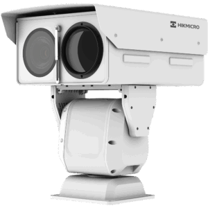 Eine weiße Überwachungskamera von Hikmicro mit einem robusten Gehäuse und zwei großen Linsen auf einer motorisierten Basis.