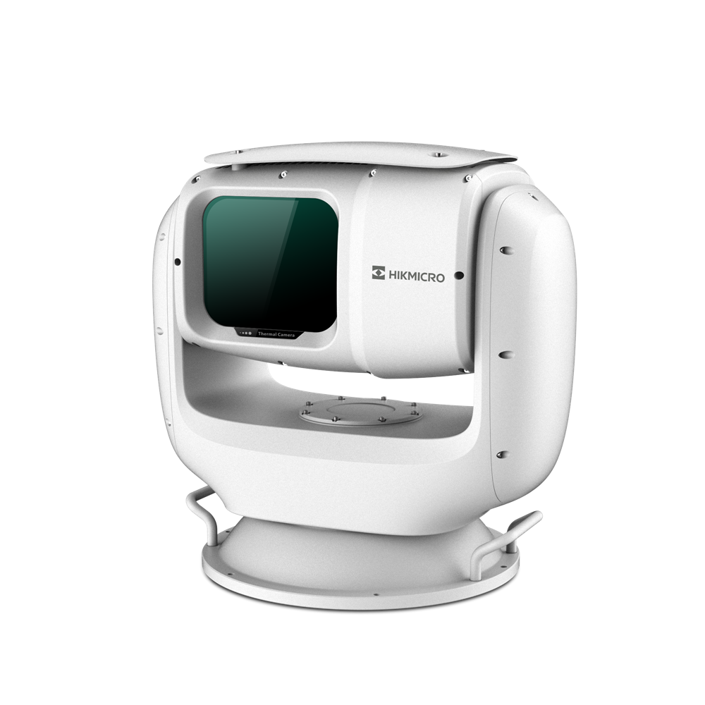 Weiße Sicherheitskamera von Hikmicro mit einer rechteckigen Linse auf einem drehbaren Sockel.