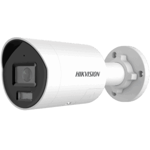 Weiße Überwachungskamera von Hikvision mit zylindrischer Form und Wandhalterung.