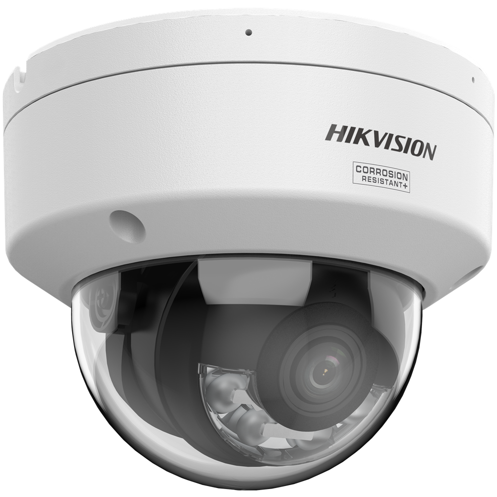 Weiße Dome-Kamera mit durchsichtigem Gehäuse und sichtbarem Objektiv, beschriftet mit "Hikvision" und "Corrosion Resistant+".