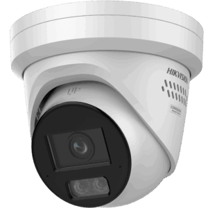 Eine weiße Überwachungskamera von Hikvision mit korrosionsbeständigem Gehäuse und dunkler Linse.
