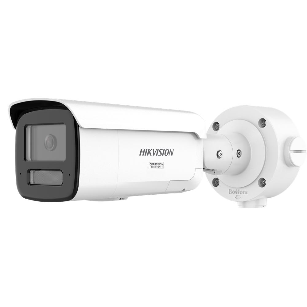 Weiße Überwachungskamera von Hikvision mit dem Aufdruck "Corrosion Resistant" auf der Seite, montiert an einem drehbaren Halter.