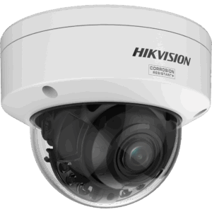 Eine Hikvision-Kuppelüberwachungskamera mit weißem Gehäuse und der Aufschrift 'Corrosion Resistant+'.