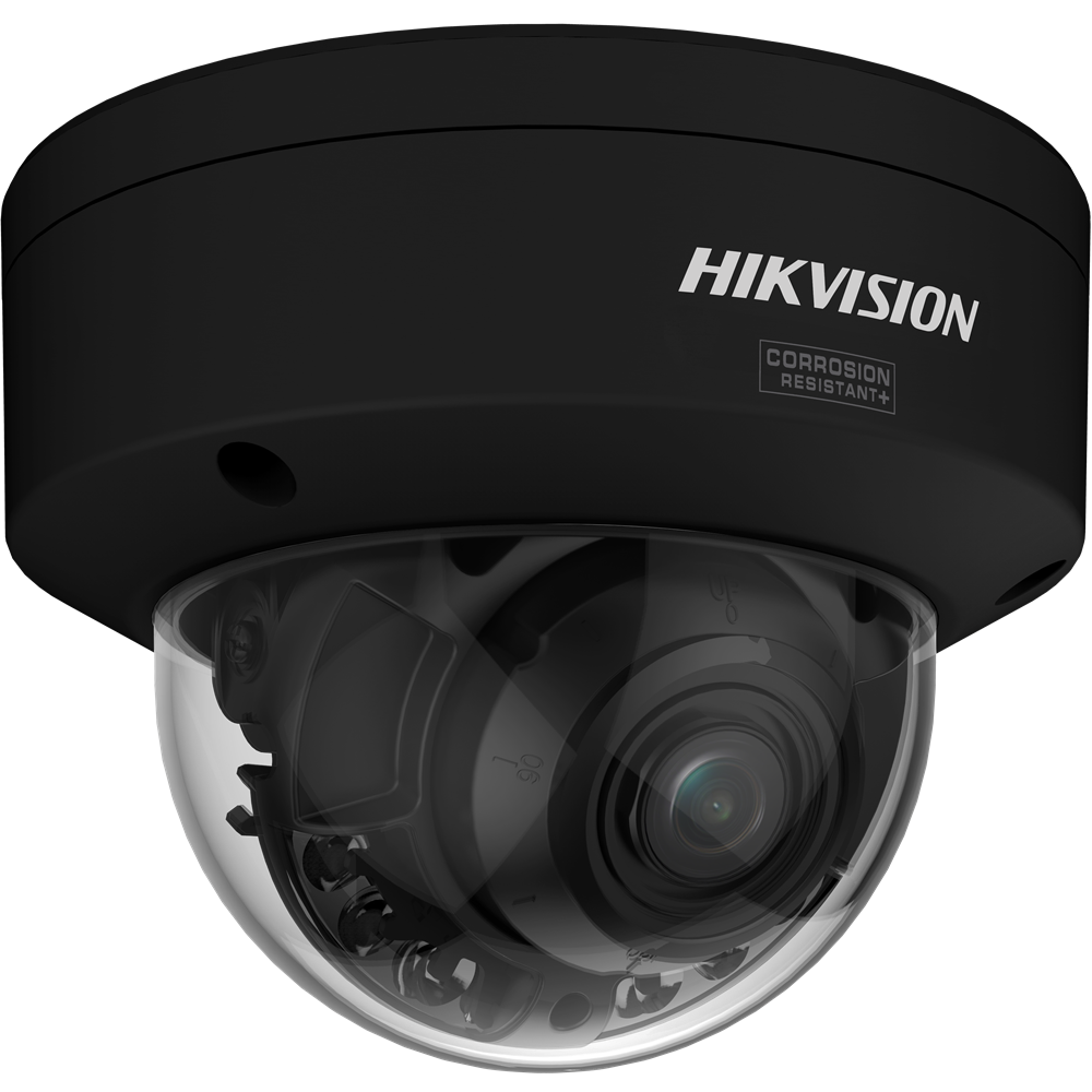 Eine schwarze Überwachungskamera von Hikvision in einer Halbkugelform, mit transparenter Kuppel und sichtbarem Kameralinse darunter, gekennzeichnet als korrosionsbeständig.