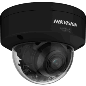 Schwarze Dome-Überwachungskamera der Marke Hikvision mit der Aufschrift 'Corrosion Resistant+'.