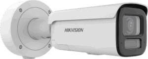 Überwachungskamera von Hikvision mit einer zylindrischen Form und einem wetterfesten Gehäuse, das an einer Wandhalterung befestigt ist.