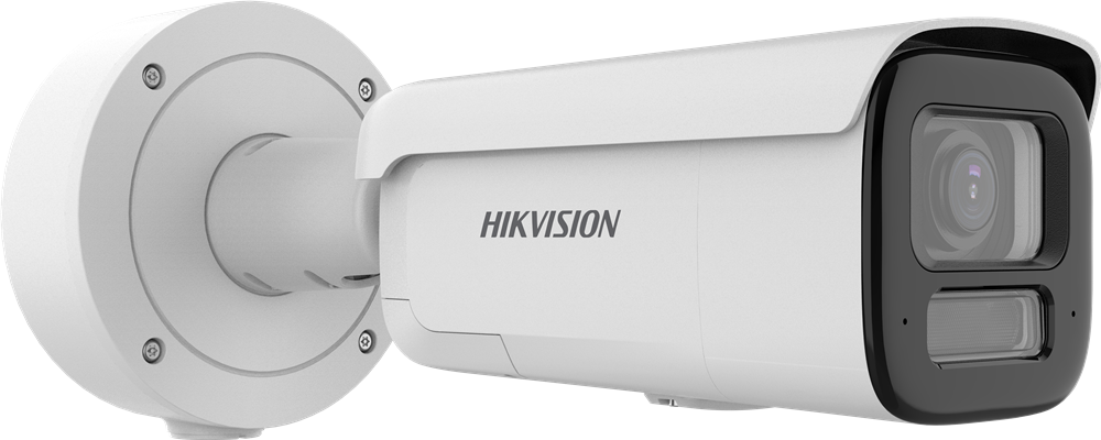 Überwachungskamera von Hikvision mit einer zylindrischen Form und einem wetterfesten Gehäuse, das an einer Wandhalterung befestigt ist.