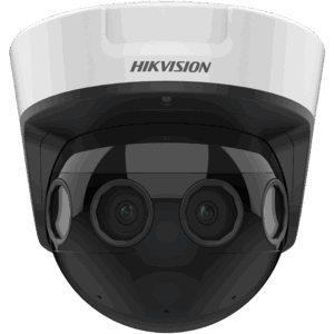 Eine schwarze Überwachungskamera von Hikvision mit zwei Linsen und einem weißen Gehäuse.