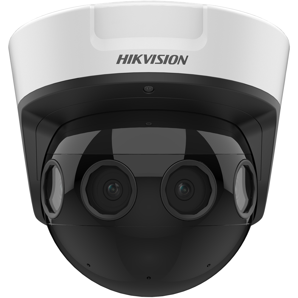 Eine schwarze Überwachungskamera von Hikvision mit zwei Linsen und einem weißen Gehäuse.
