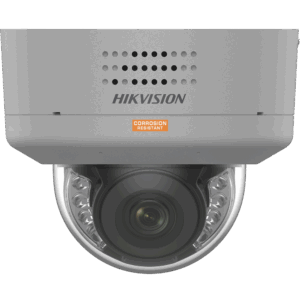 Sicherheitskamera von Hikvision mit korrosionsbeständigem Gehäuse in grau und transparenter Kuppel.