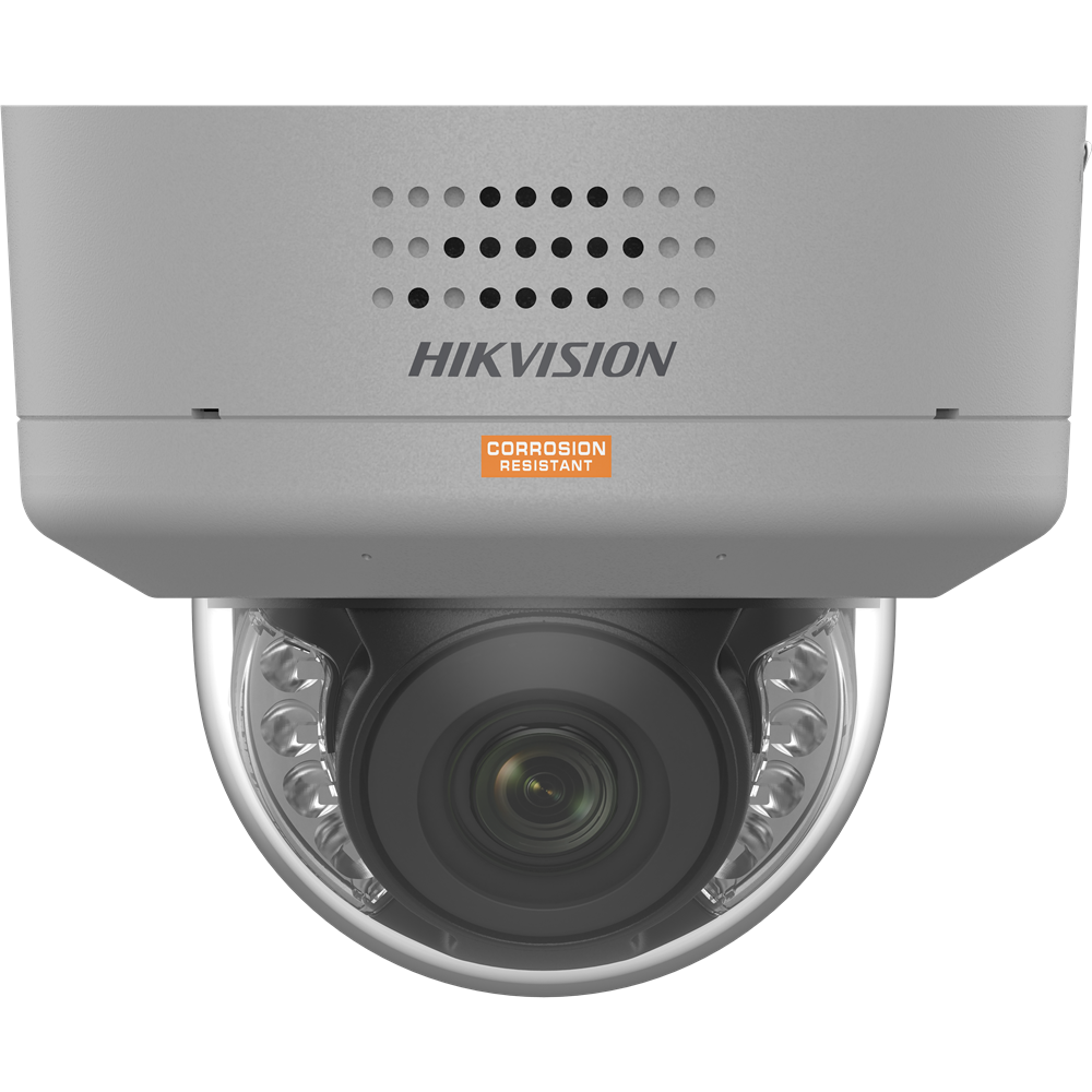 Sicherheitskamera von Hikvision mit korrosionsbeständigem Gehäuse in grau und transparenter Kuppel.